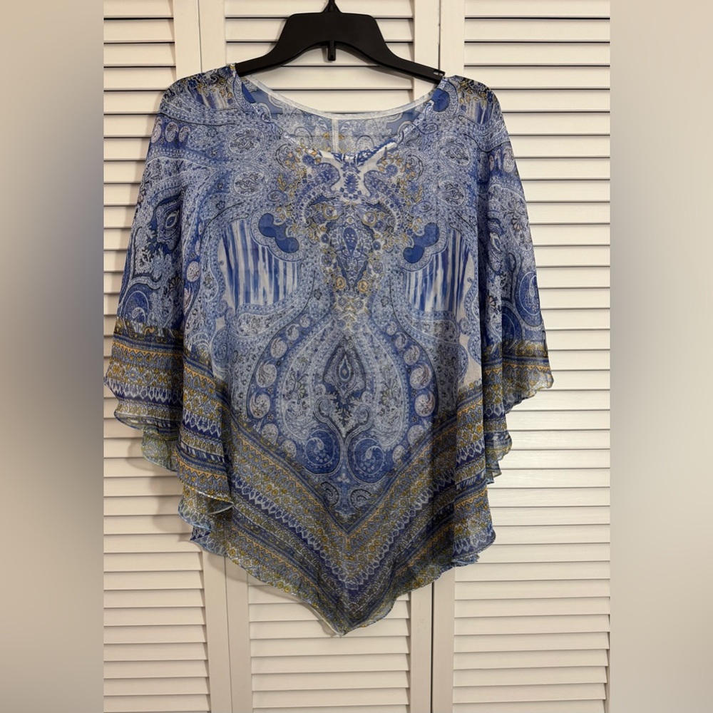Women's blue paisley poncho blouse